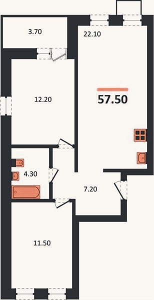 Планировка: 2-к, 57,5 м²