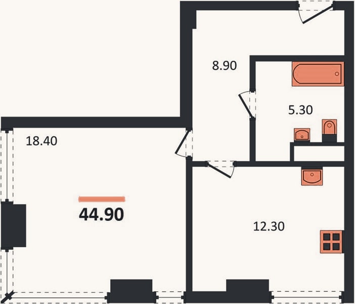 Планировка: 1-к, 44,9 м²