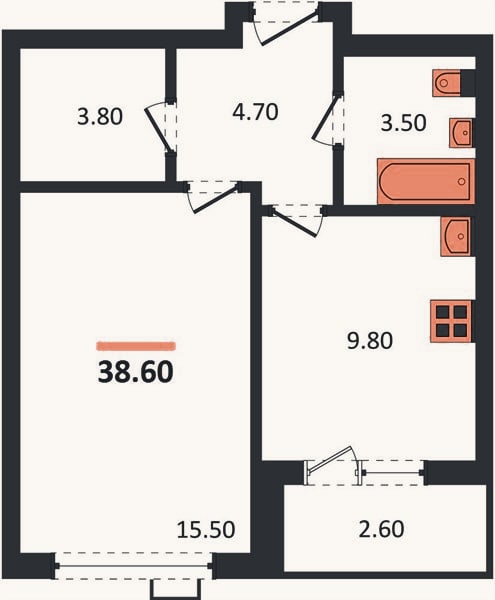 Планировка: 1-к, 38,6 м²