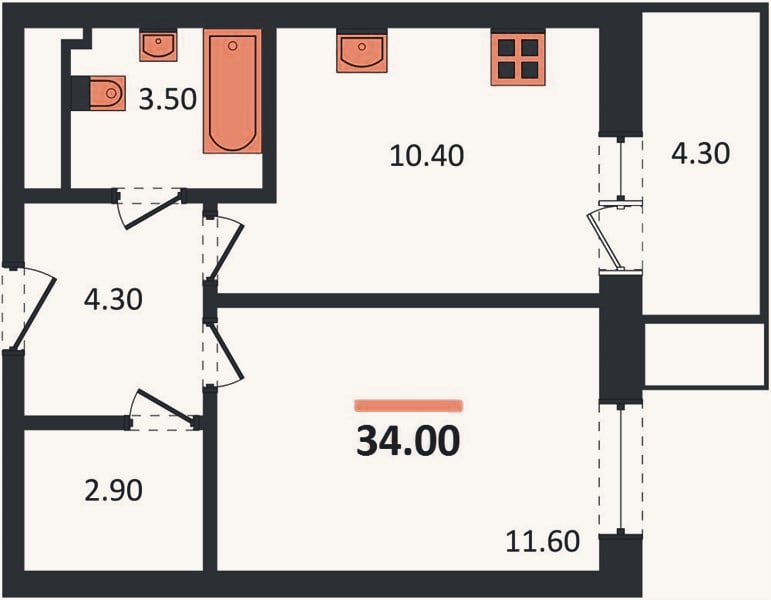 Планировка: 1-к, 34 м²