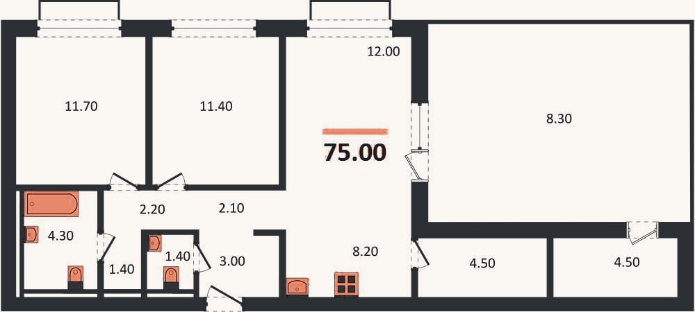 Планировка: 2-к, 75 м²