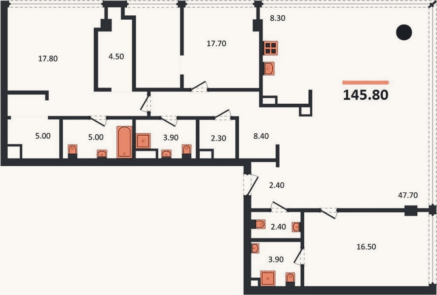 Планировка: 3-к, 145,8 м²