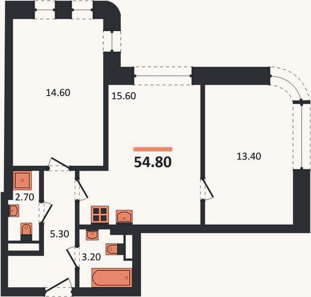 Планировка: 2-к, 54,8 м²