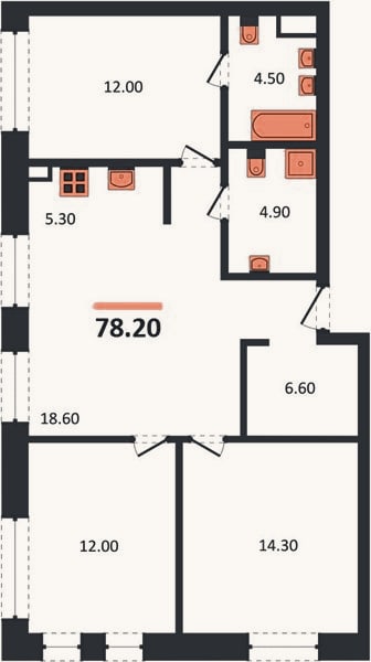 Планировка: 3-к, 78,2 м²