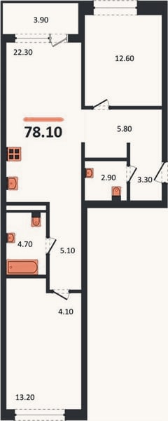 Планировка: 2-к, 78,1 м²