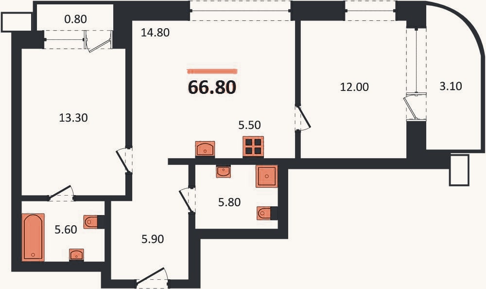 Планировка: 2-к, 66,8 м²
