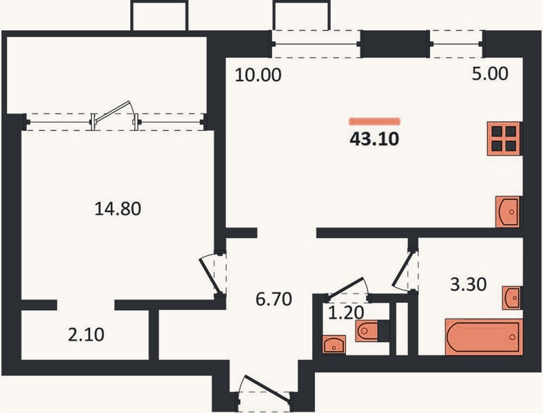 Планировка: 1-к, 43,1 м²