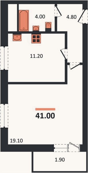 Планировка: 1-к, 41 м²