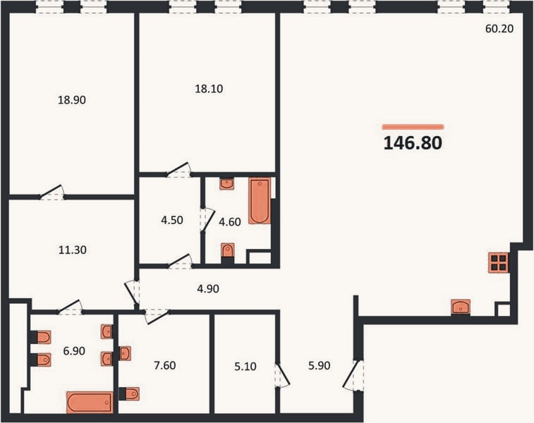 Планировка: 2-к, 146,8 м²