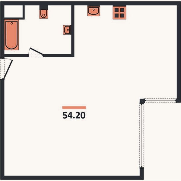 Планировка: 1-к, 54,2 м²