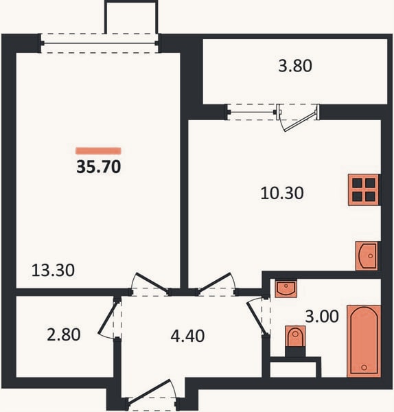 Планировка: 1-к, 35,7 м²