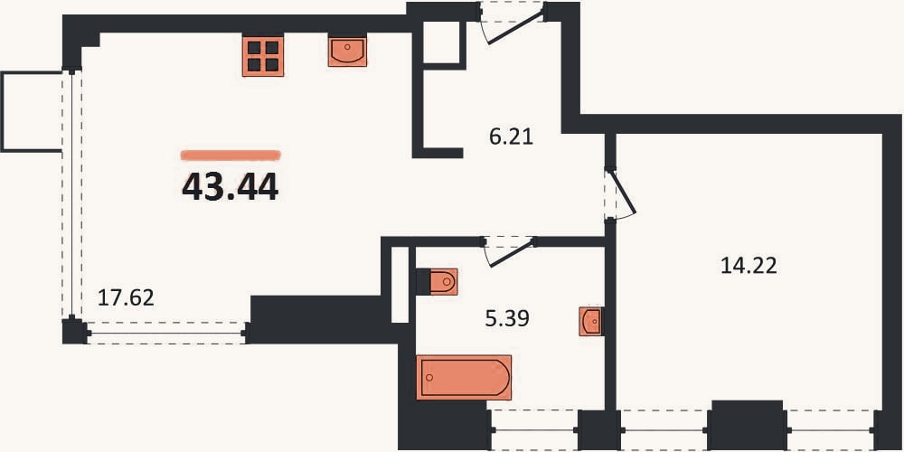 Планировка: 1-к, 43,4 м²