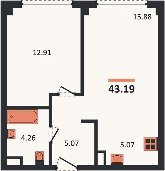 Планировка: 1-к, 43,2 м²