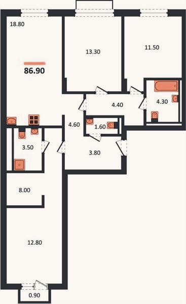 Планировка: 3-к, 86,9 м²