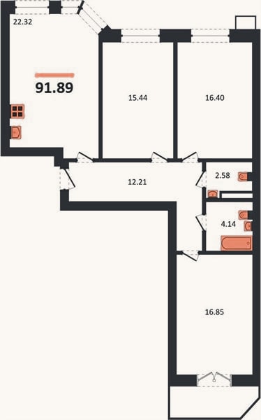 Планировка: 3-к, 91,9 м²