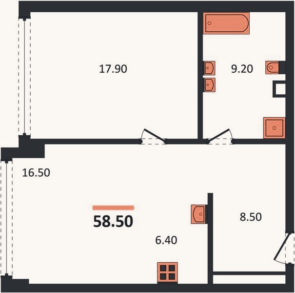 Планировка: 1-к, 58,5 м²