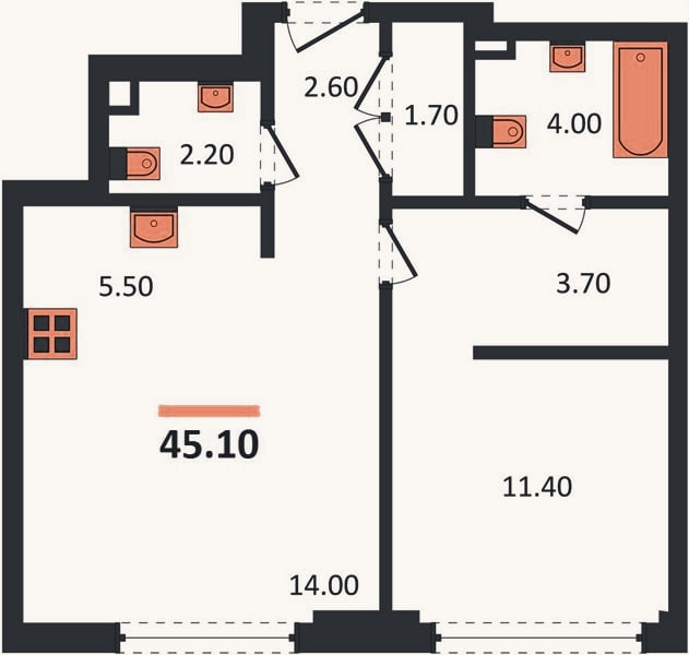 Планировка: 1-к, 45,1 м²
