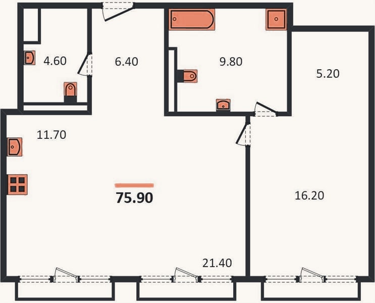 Планировка: 1-к, 75,9 м²