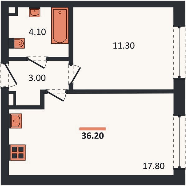 Планировка: 1-к, 36,2 м²