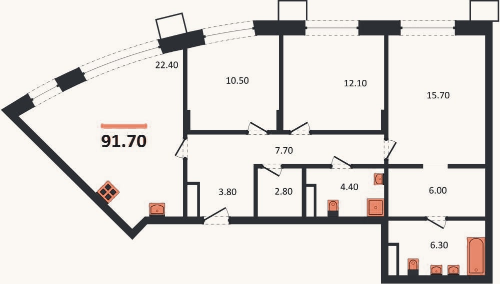 Планировка: 3-к, 91,7 м²