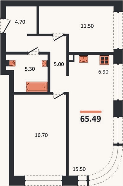 Планировка: 2-к, 65,5 м²