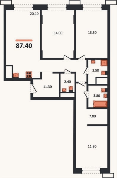 Планировка: 3-к, 87,4 м²