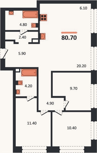Планировка: 3-к, 80,7 м²