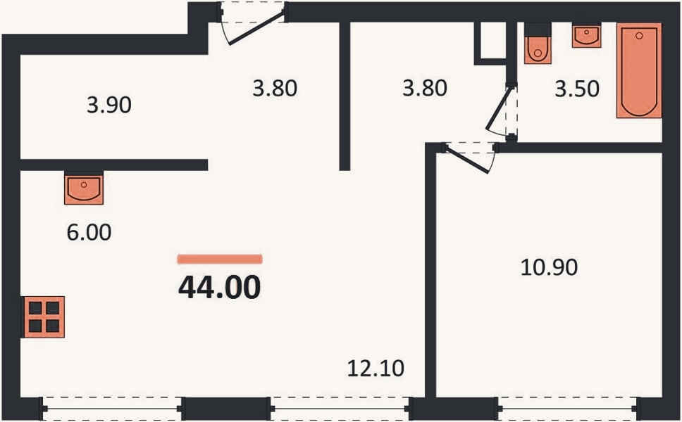 Планировка: 1-к, 44 м²