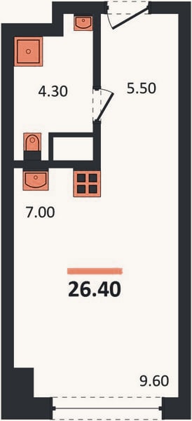 Планировка: Студия, 26,4 м²