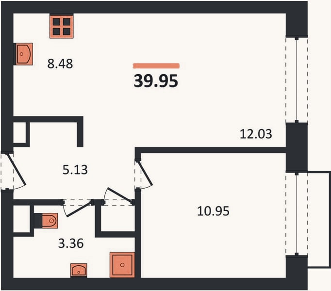 Планировка: 1-к, 40 м²