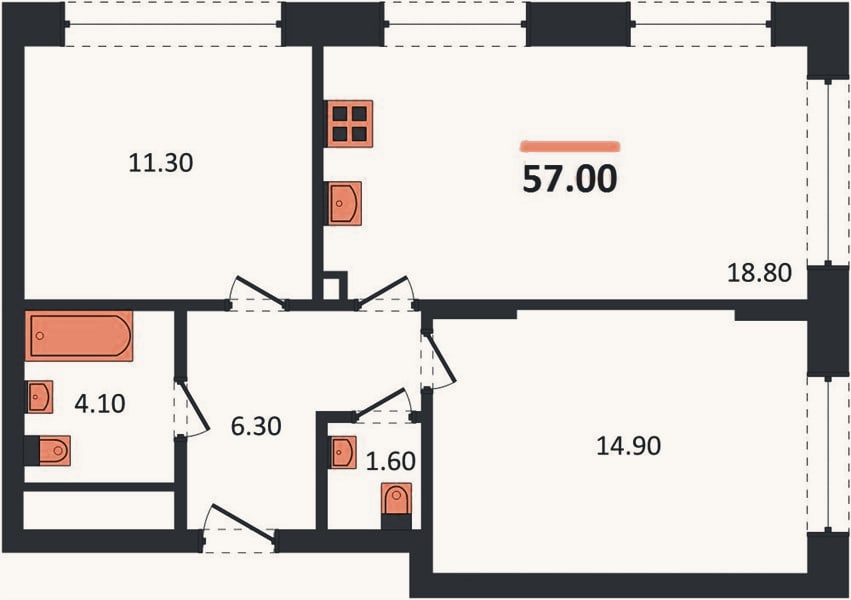 Планировка: 2-к, 57 м²