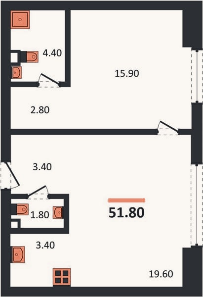 Планировка: 1-к, 51,8 м²