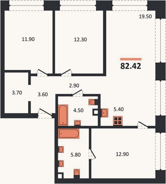 Планировка: 3-к, 82,4 м²
