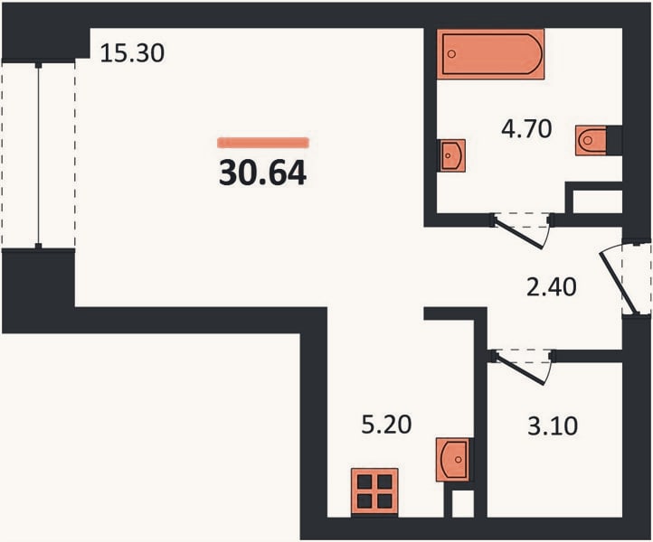Планировка: Студия, 30,6 м²