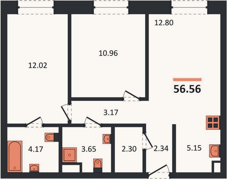 Планировка: 2-к, 56,6 м²