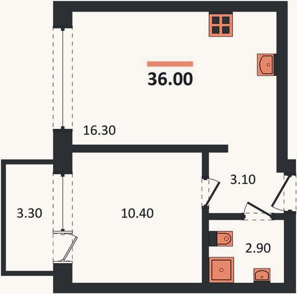 Планировка: 1-к, 36 м²
