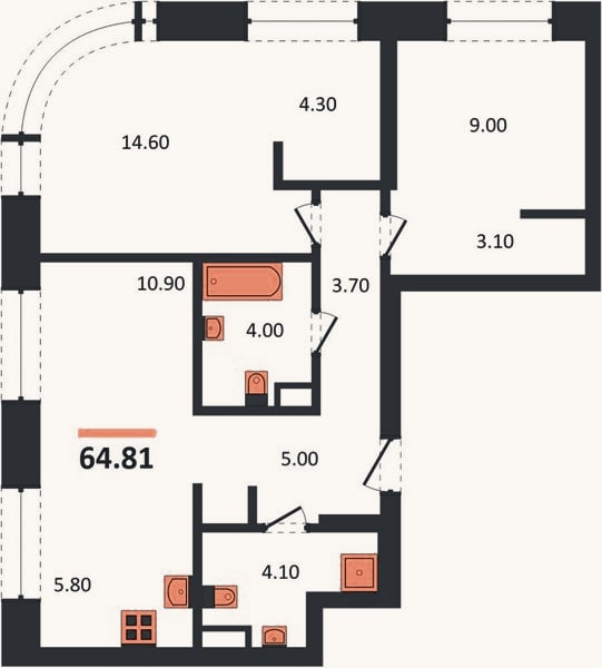 Планировка: 2-к, 64,8 м²