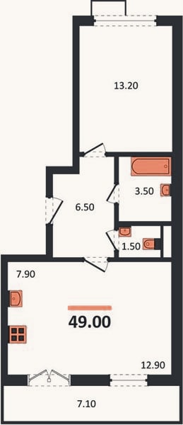 Планировка: 1-к, 48,8 м²