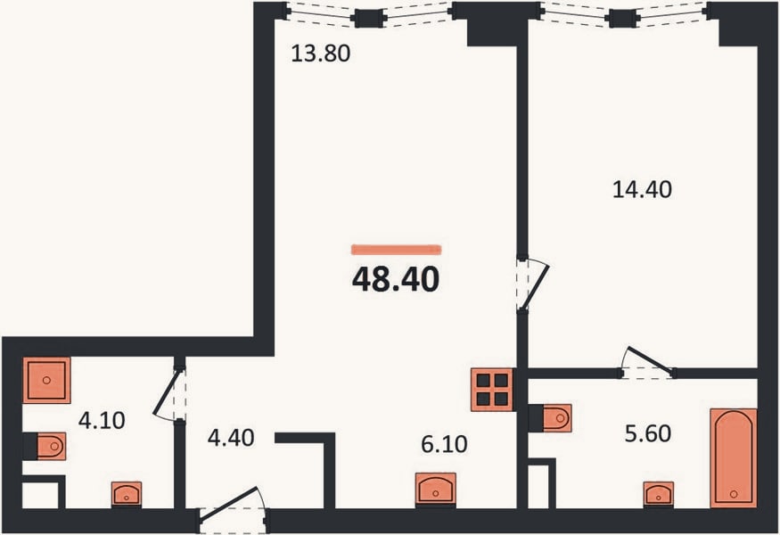 Планировка: 1-к, 48,4 м²