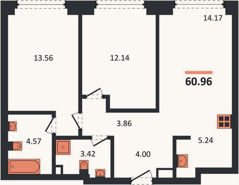 Планировка: 2-к, 60,8 м²