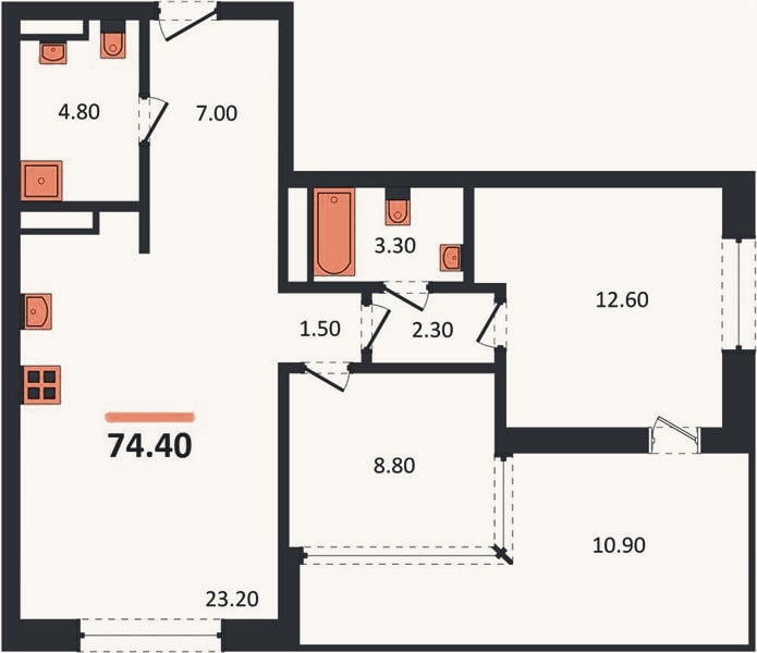 Планировка: 2-к, 74,4 м²