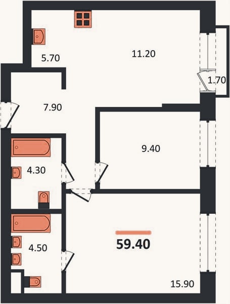 Планировка: 2-к, 59,4 м²