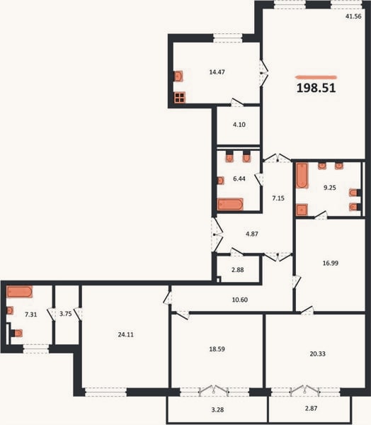 Планировка: 4+ к, 198,5 м²