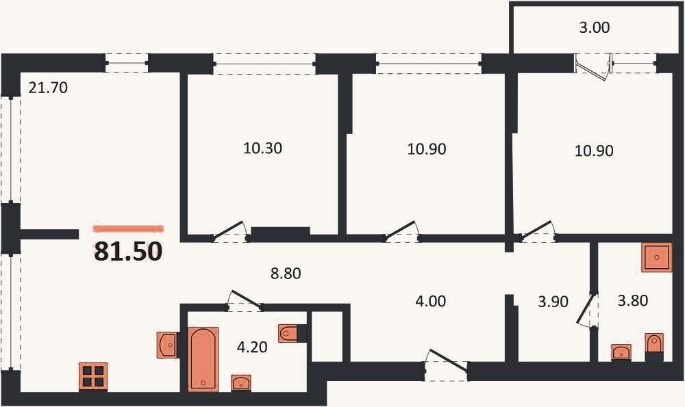 Планировка: 3-к, 81,5 м²