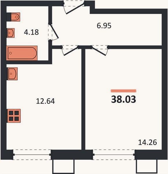 Планировка: 1-к, 38 м²