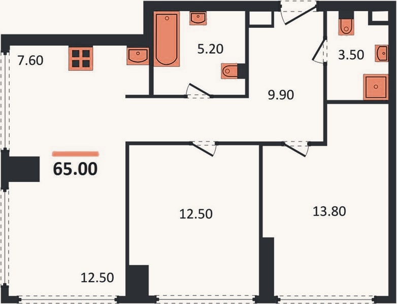 Планировка: 2-к, 65 м²