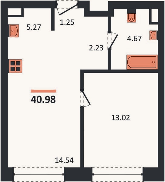 Планировка: 1-к, 41 м²
