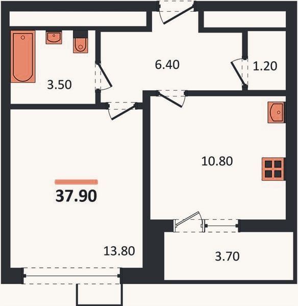 Планировка: 1-к, 37,9 м²