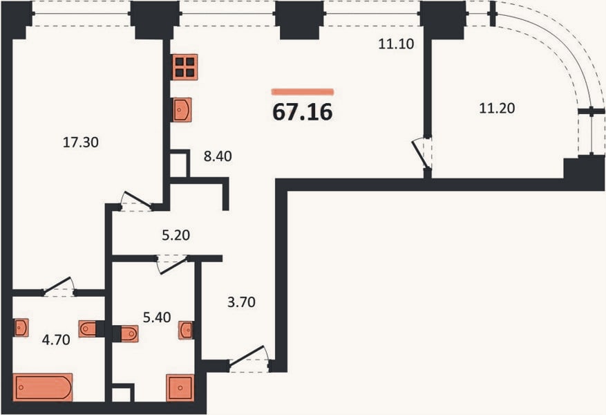 Планировка: 2-к, 67,2 м²