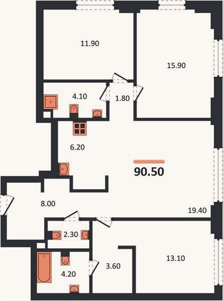 Планировка: 3-к, 90,5 м²